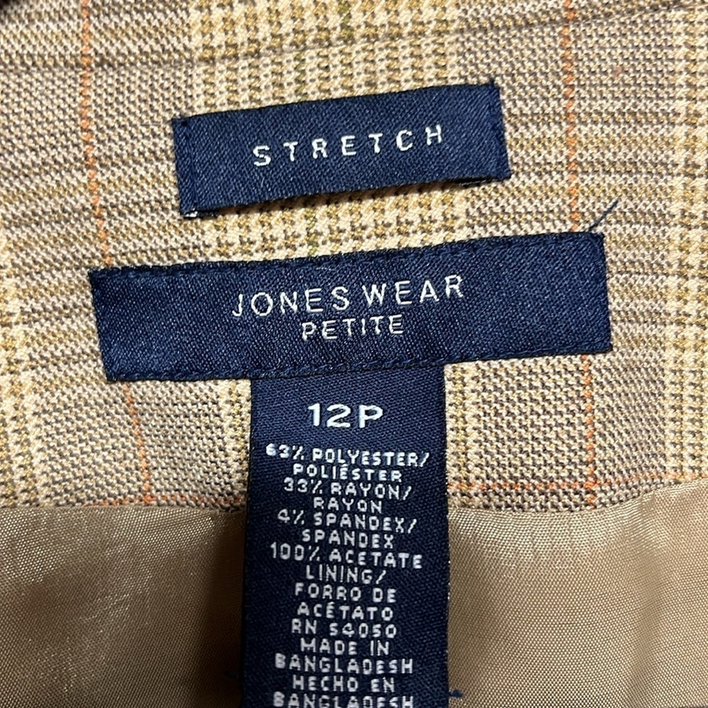 Jones Wear Petite 12P Plaid Stretch Blazer Tan Brown Career Jacket Lined - Picture 8 of 11
